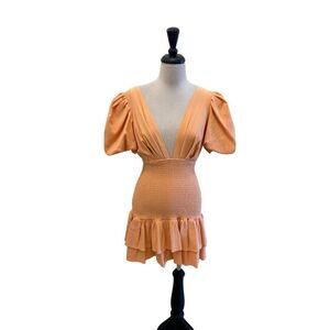 Hello Molly Women's LA Devotee Smocked V Neck Ruffle Mini Dress Peach Size 6